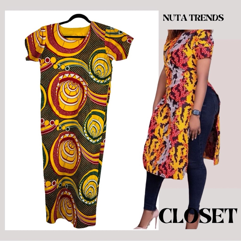 African Print, Ankara Vibrant Multicolor Maxi Dress Dress, Side Zipper, L, Women